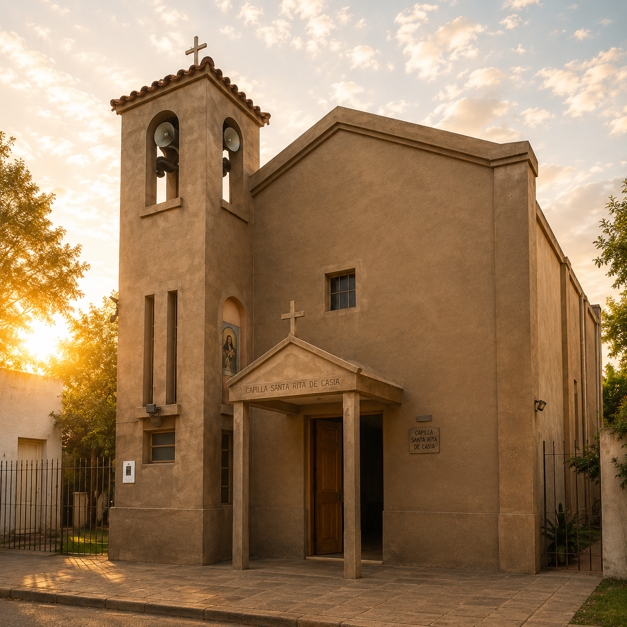 Exterior de la Capilla Santa Rita de Casia al atardecer