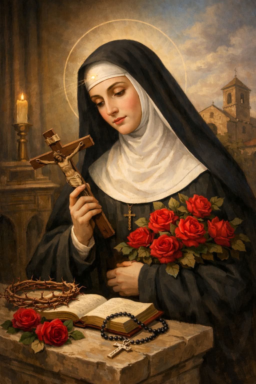 Santa Rita de Casia con crucifijo y rosas